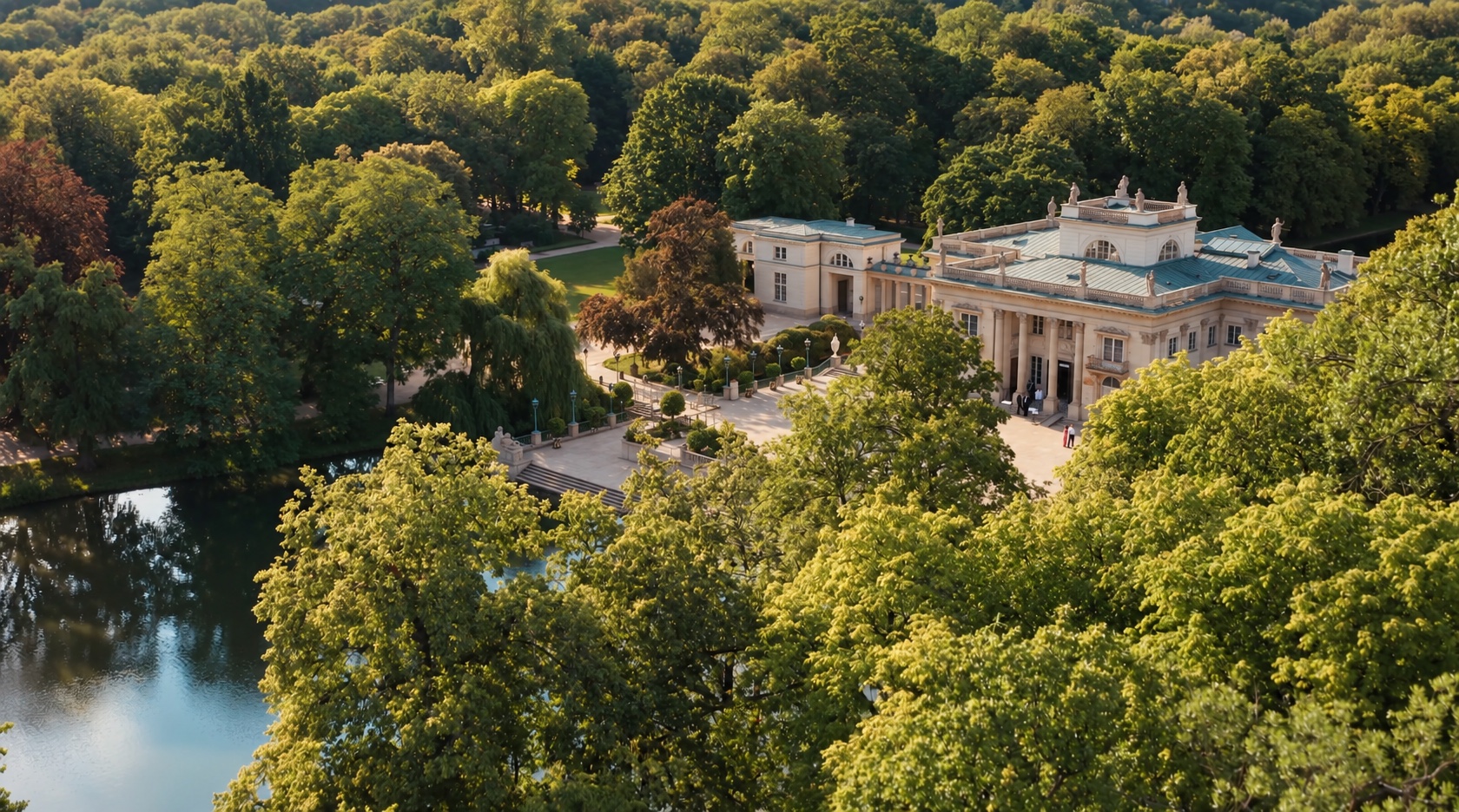 Pałac otoczony zielenią i wodą