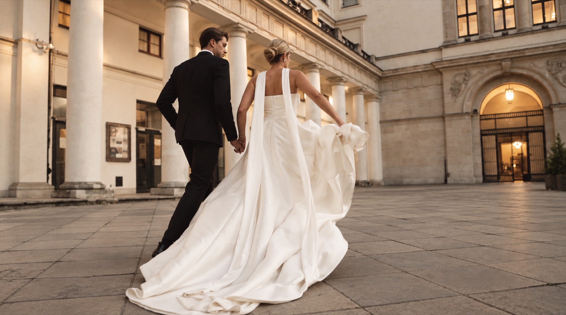 Para młoda idzie razem przez elegancki plac w mieście